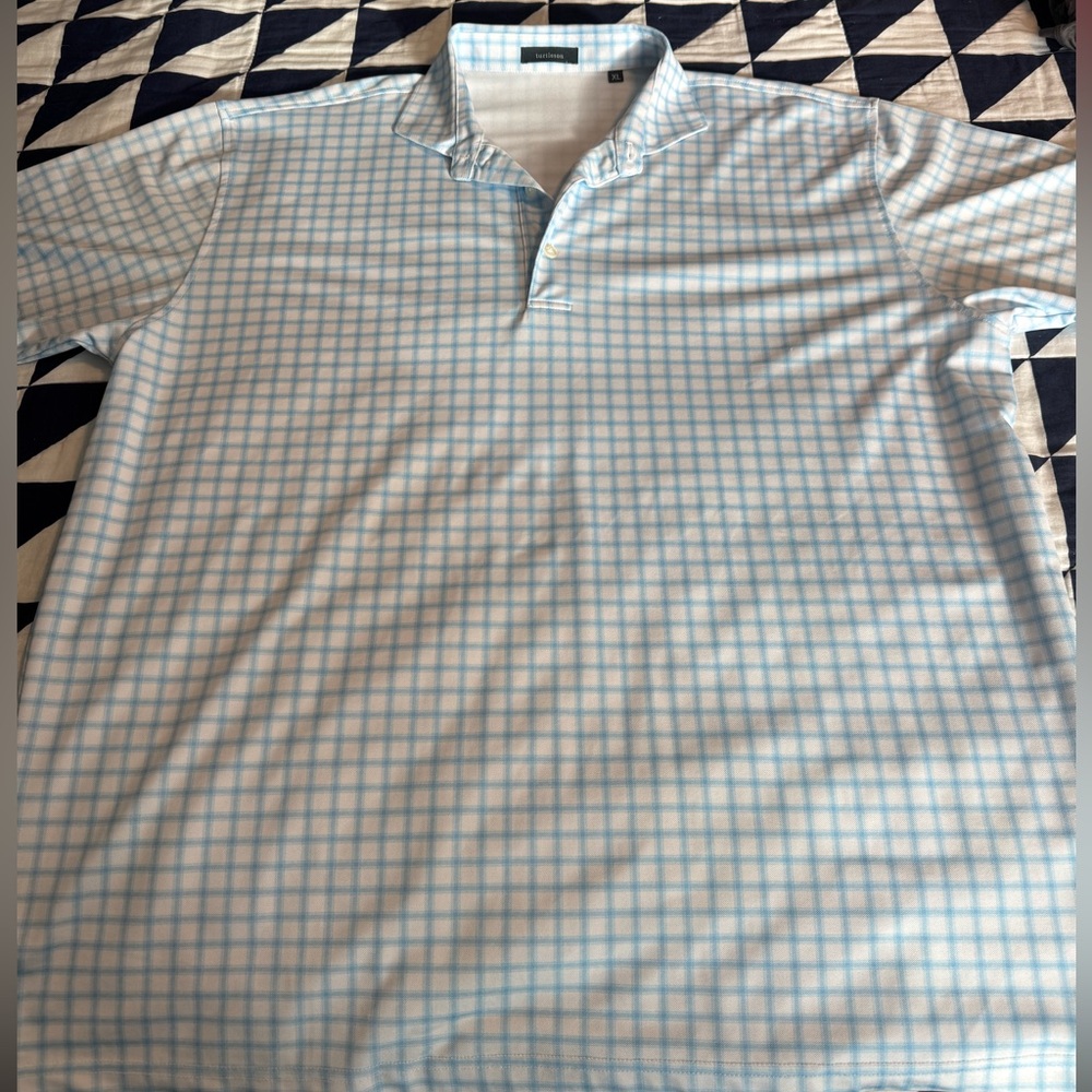 EUC Men’s XL Turtleson light blue & white plaid Golf shirt-NEW RETAILS $115